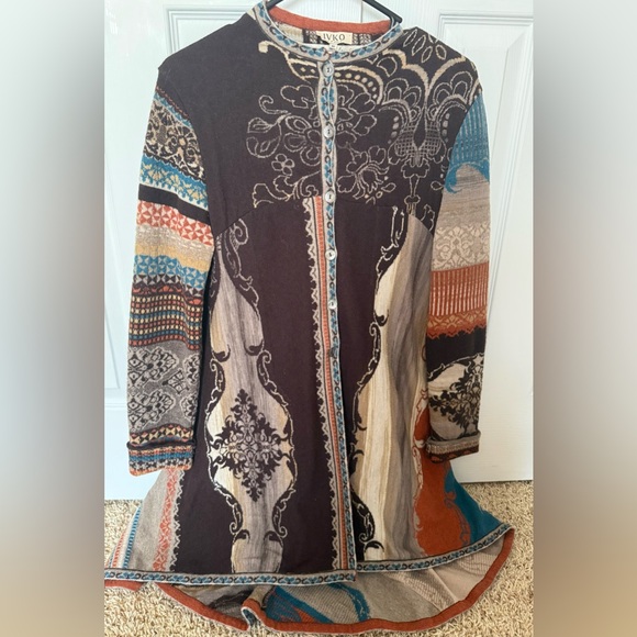 IVKO Woman 100% Wool Brown and Multicolor Patterned Yarn Long Jacket - Picture 7 of 12